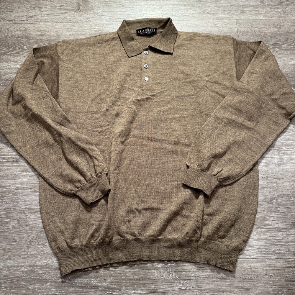Vintage Brandini Sweater Mens XXL Brown 100% Merino Wool Italy Polo Shirt Y2K